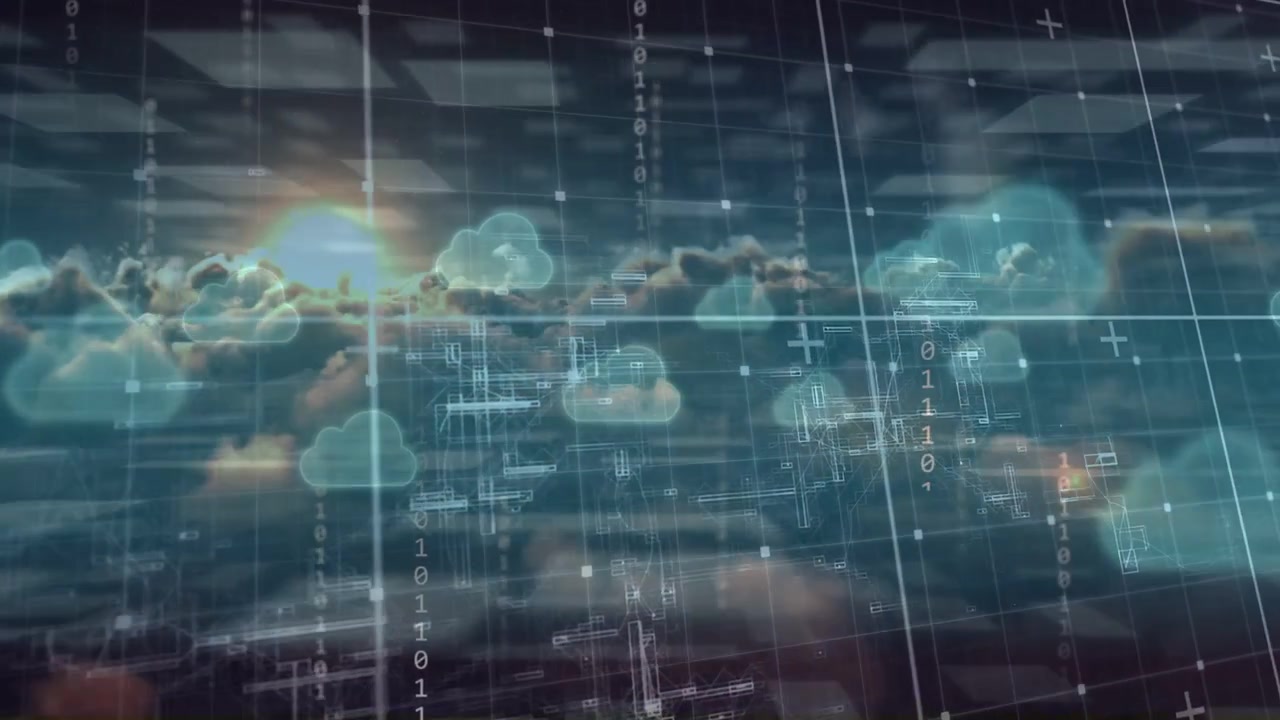 Lage zon met pulserend rasterdraadmodel dat over wolken glijdt, terwijl wolkpictogrammen drijven en een datanetwerk vormen.
