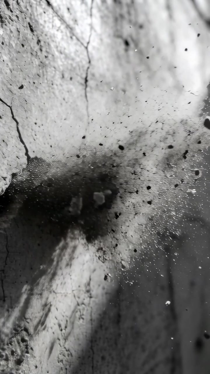 Vertikal video: Revnet betonvæg frigiver støv og fragmenter, med en søm der løsner sig i nærbillede.