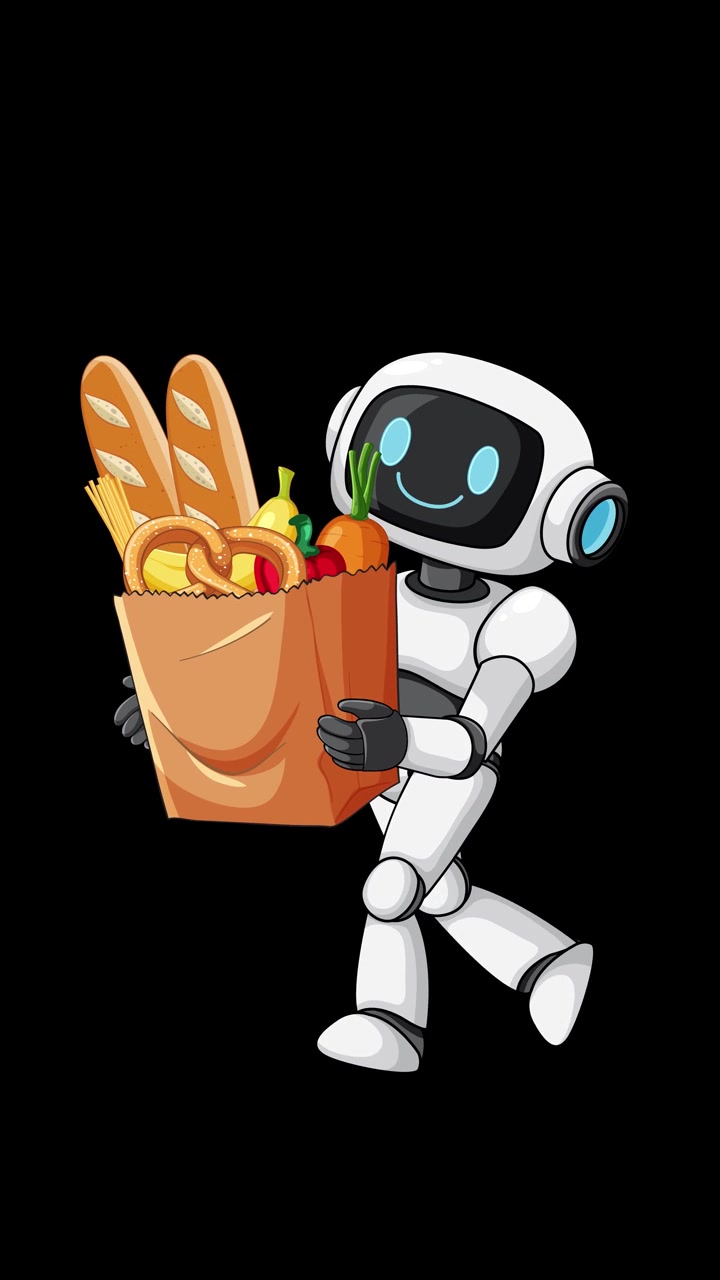Cartoon robot walks smoothly holding grocery bag with food, isolated on black, vertical animation