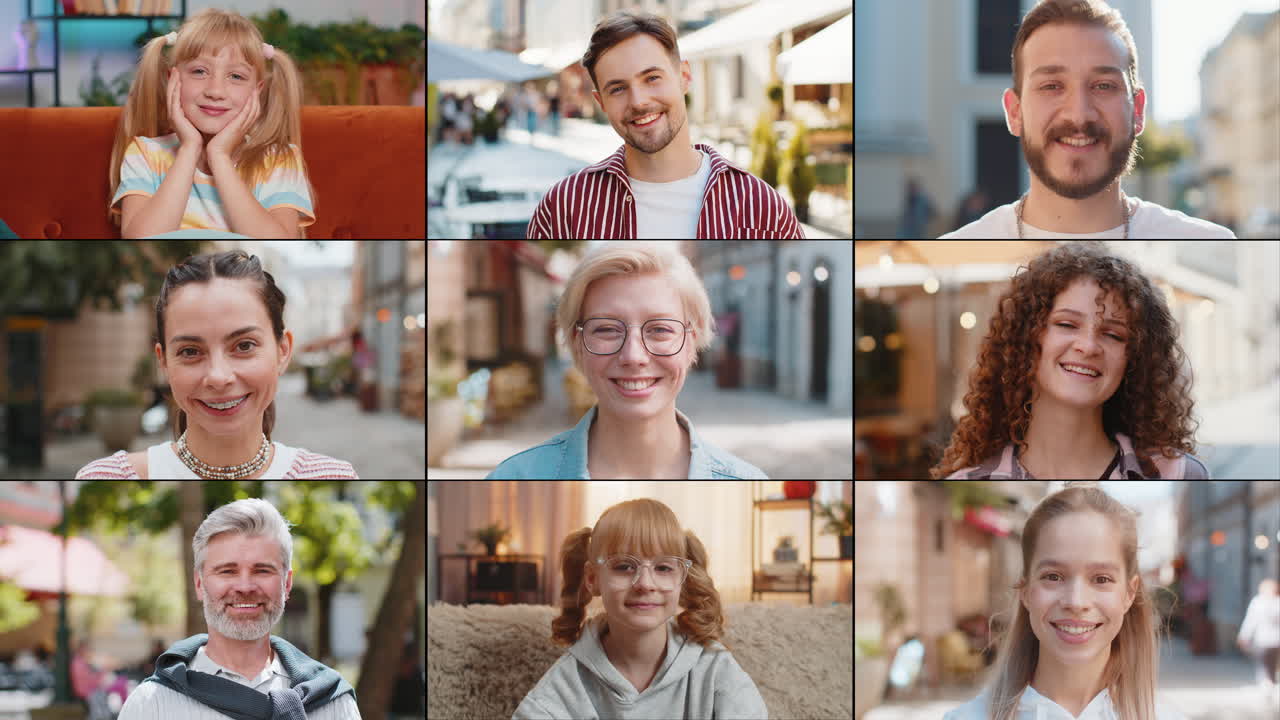 Portrait collage of happy joyful satisfied people men women smiling friendly looking at camera