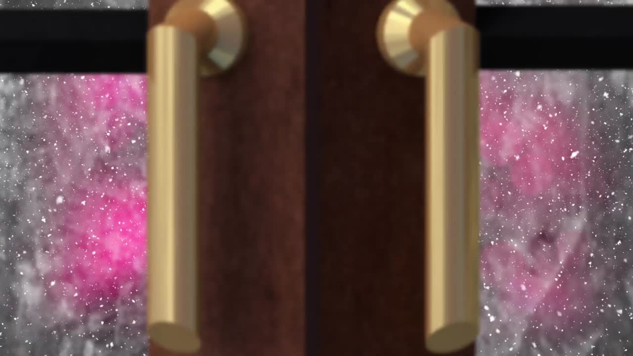 눈이 내리는 크리스마스 트리와 나무 창문 프레임의 디지털 애니메이션