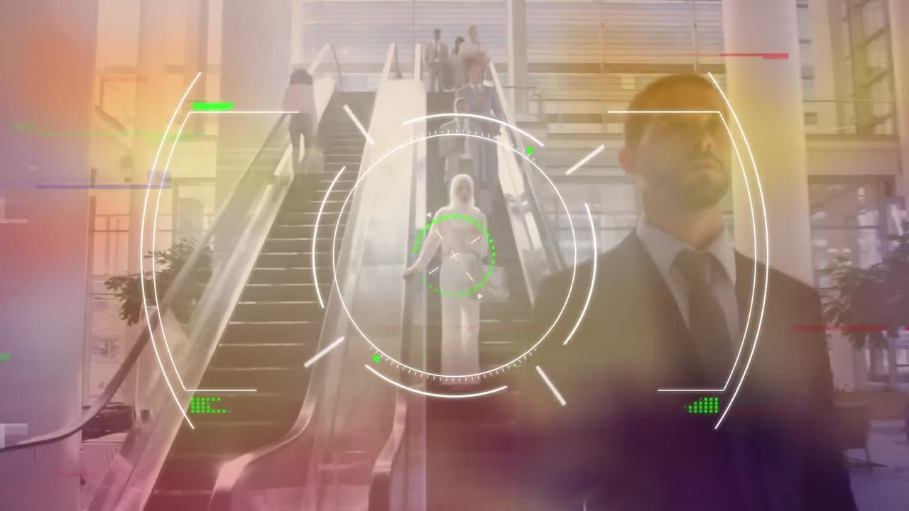 Animation of glitch technique over radar against biracial businessman moving down on escalator