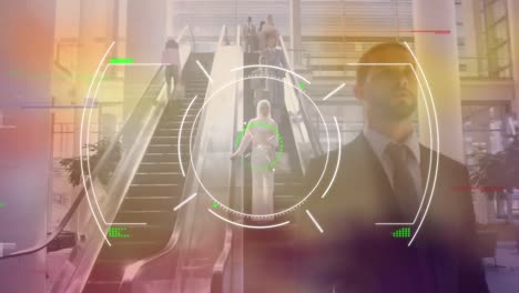Animation-of-glitch-technique-over-radar-against-biracial-businessman-moving-down-on-escalator