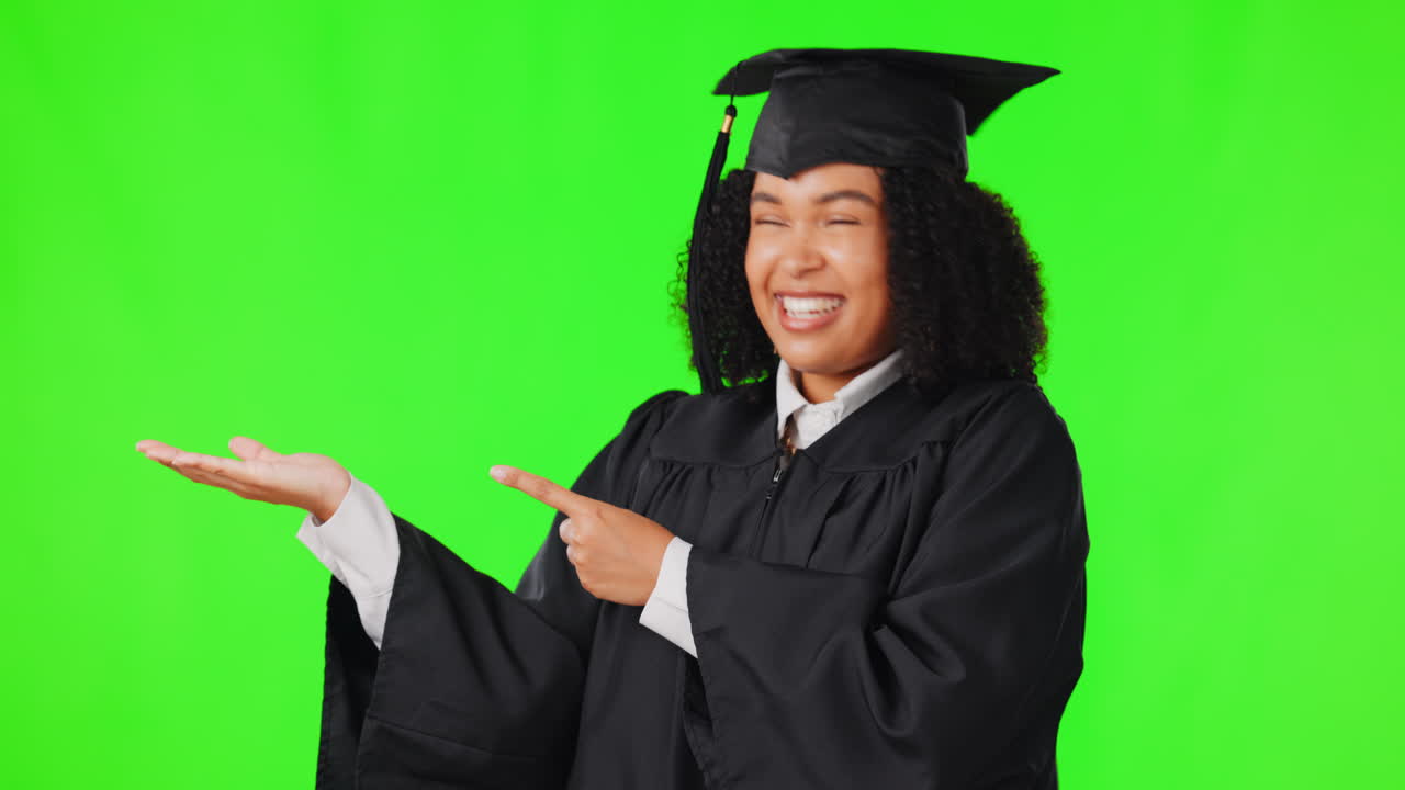 Graduation, green screen and woman presentation