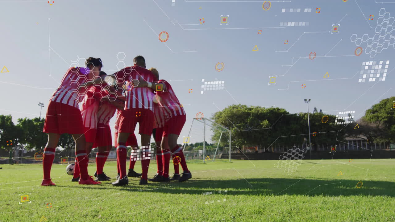 Soccer team huddling on field with digital data processing animation overlay