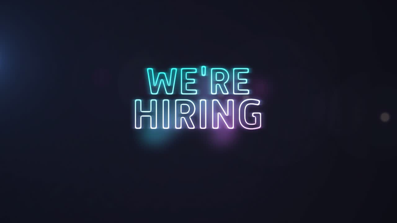 Neon 'WE'RE HIRING' drawing faint embossed outline and announcing hiring, glowing cyan purple bloom