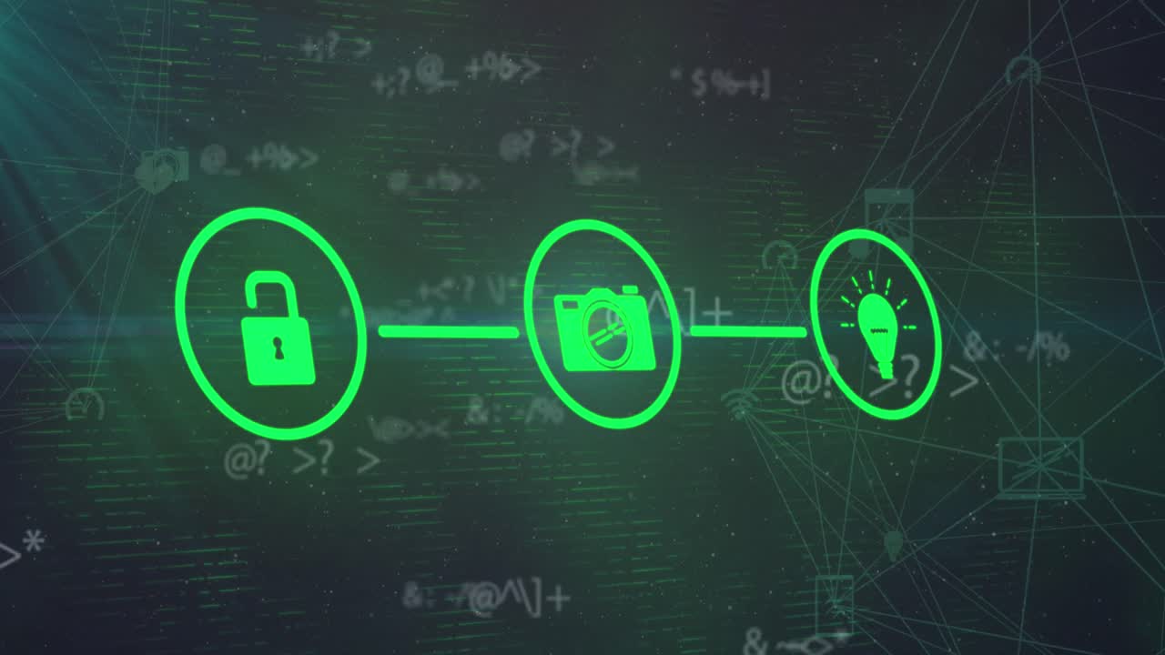 animación de una red de iconos digitales y símbolos cambiantes sobre globos de iconos digitales girando