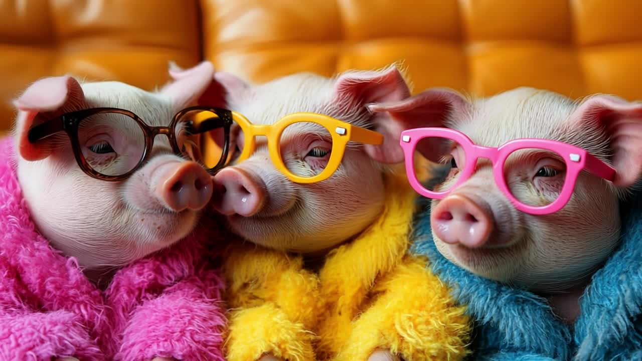 Pigs in glasses share cozy fun. Three pigs in colorful glasses and plush outfits sit on a bright couch, creating a playful vibe.
