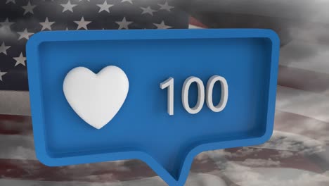 Animation-of-heart-icon-with-numbers-on-speech-bubble-over-american-flag