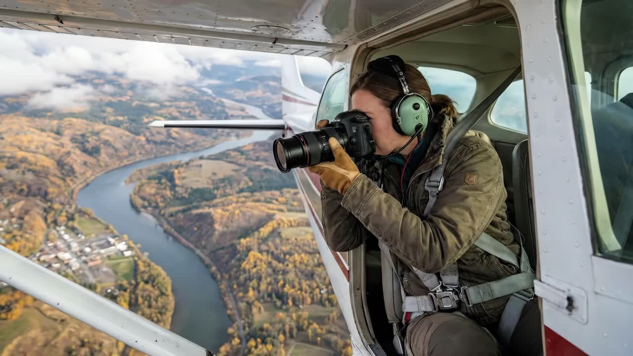 Kvinde fotograferer smukt efterårslandskab fra et lille fly