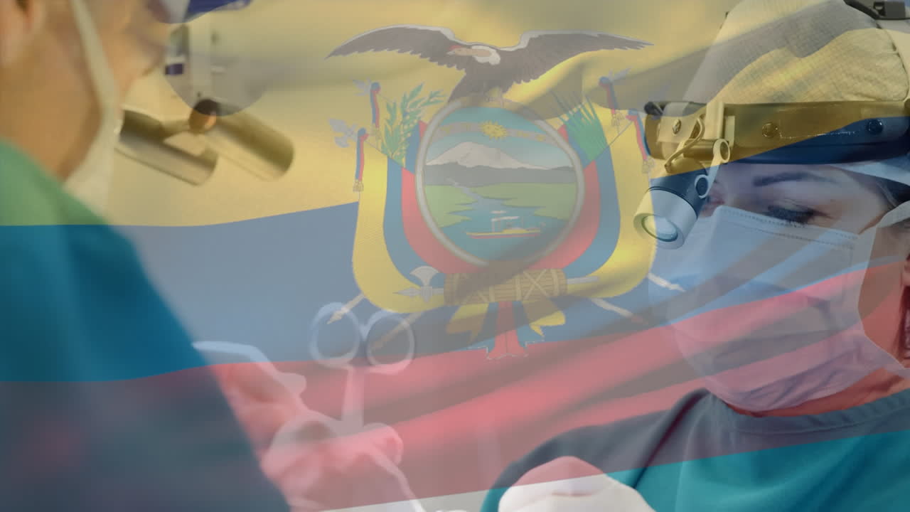 Animazione della bandiera dell'Ecuador che sventola sopra chirurghi con mascherine.