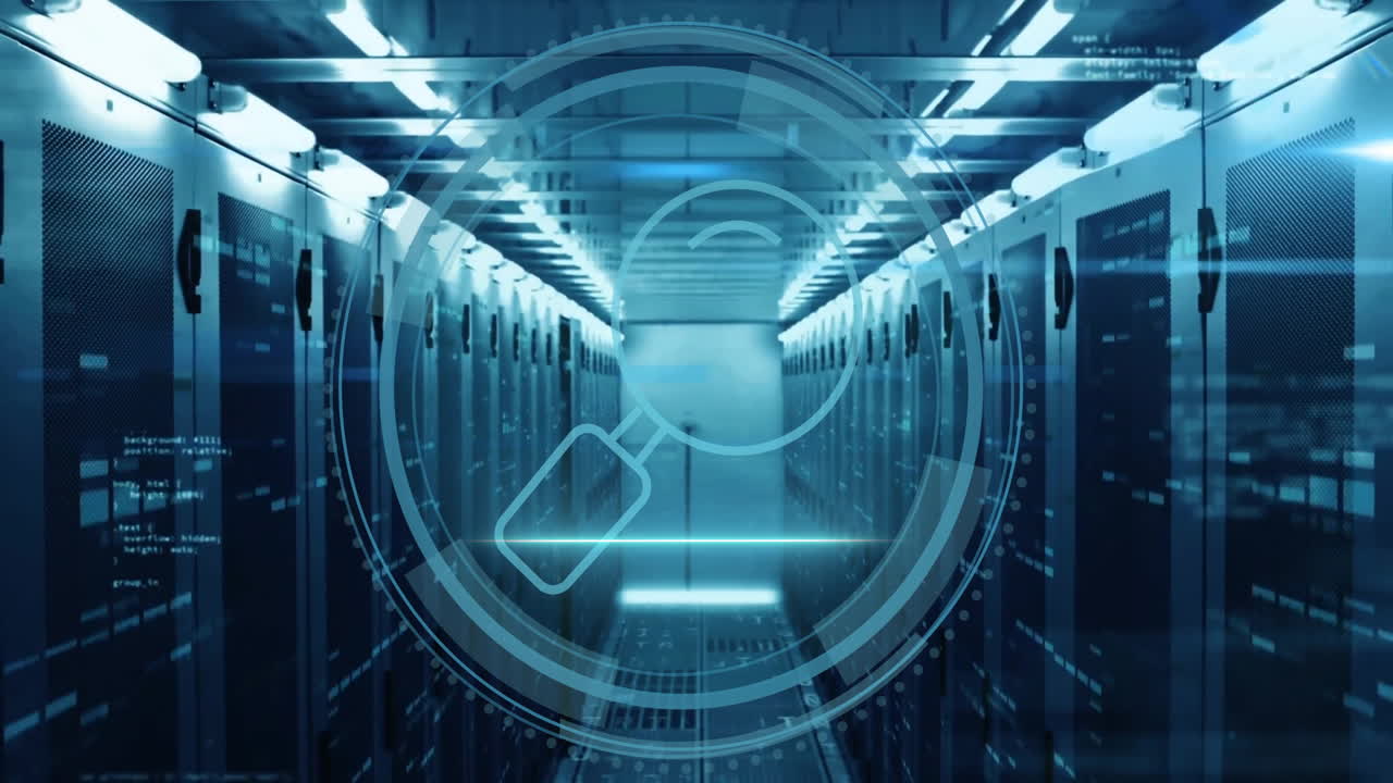Animation of magnifying glass icon and digital data processing over computer servers
