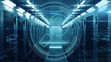 animación del icono de la lupa y procesamiento de datos digitales a través de servidores informáticos
