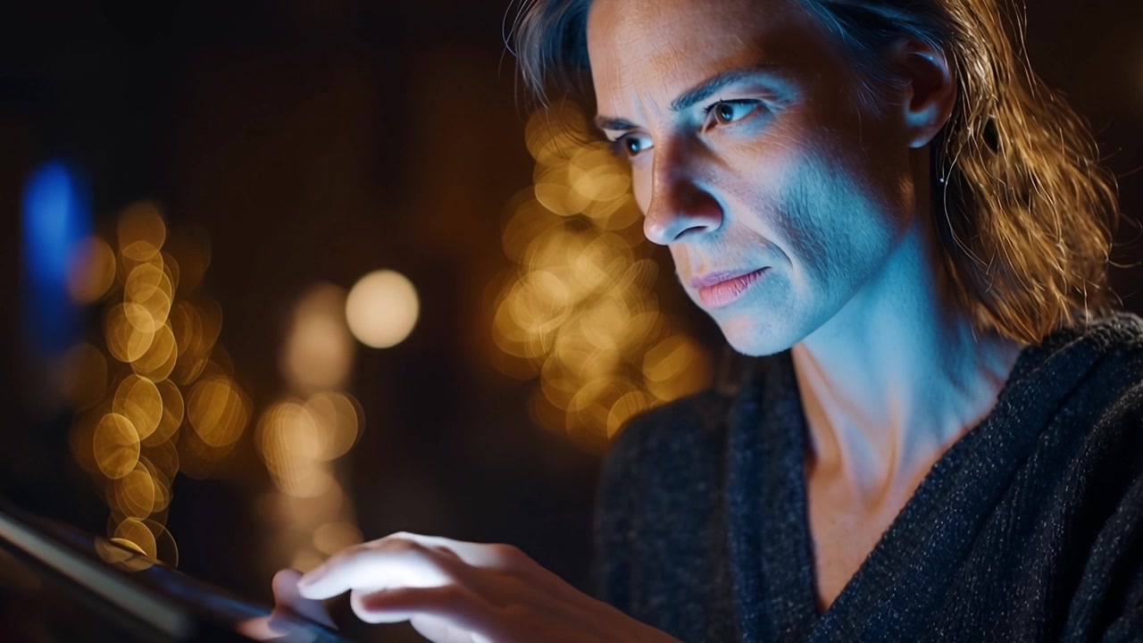 Reazione sorpresa di una donna mentre usa un tablet digitale di notte.
