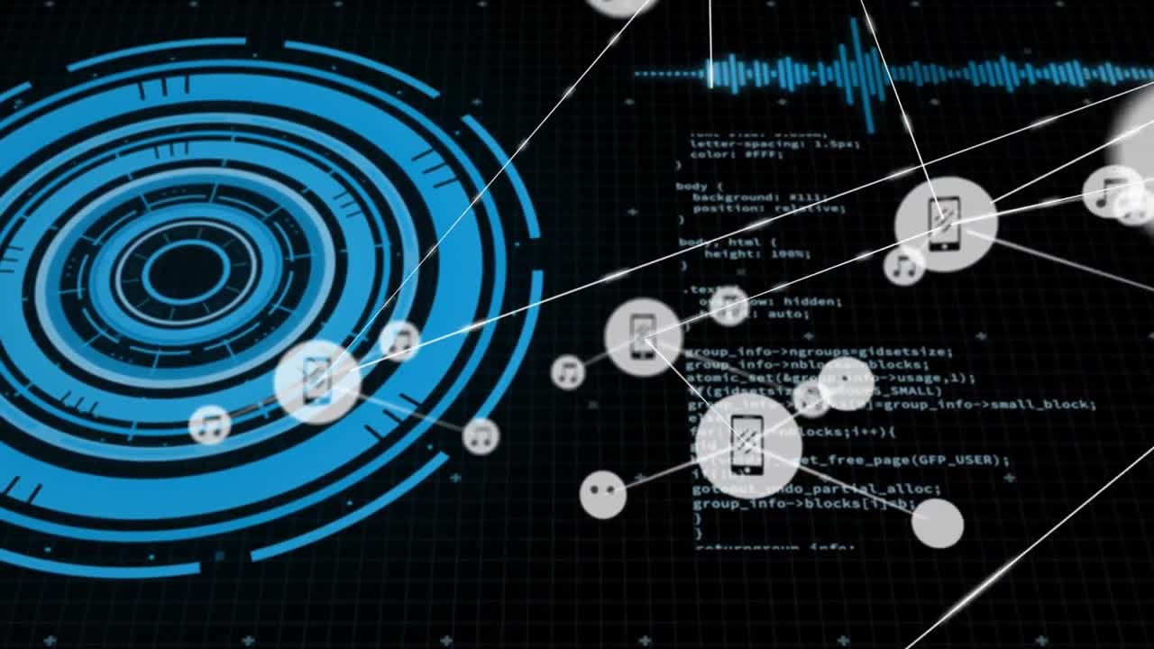animación de la red de conexiones con iconos sobre el procesamiento de datos