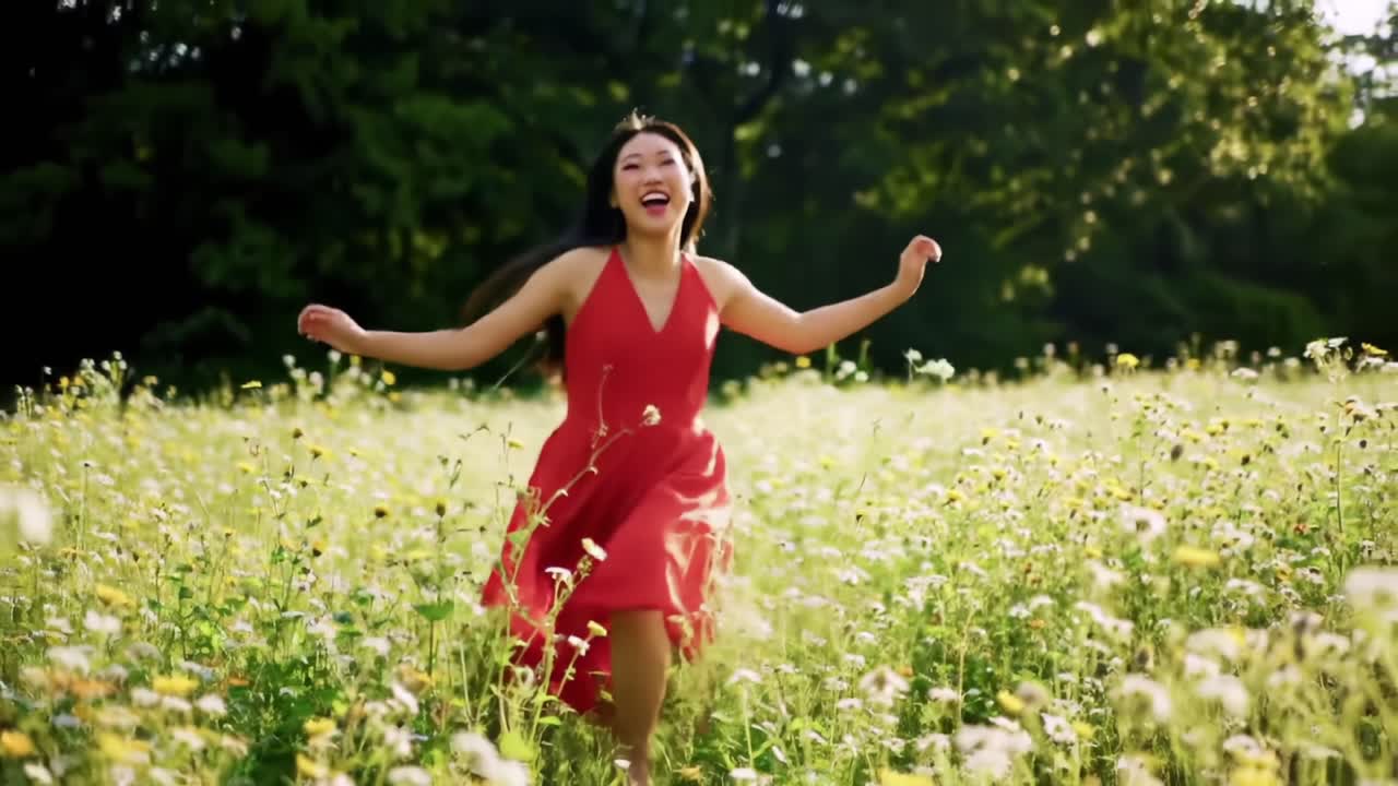 Woman in Red Dress Joyfully Runs Through a Field of Wildflowers on a Sunny Day