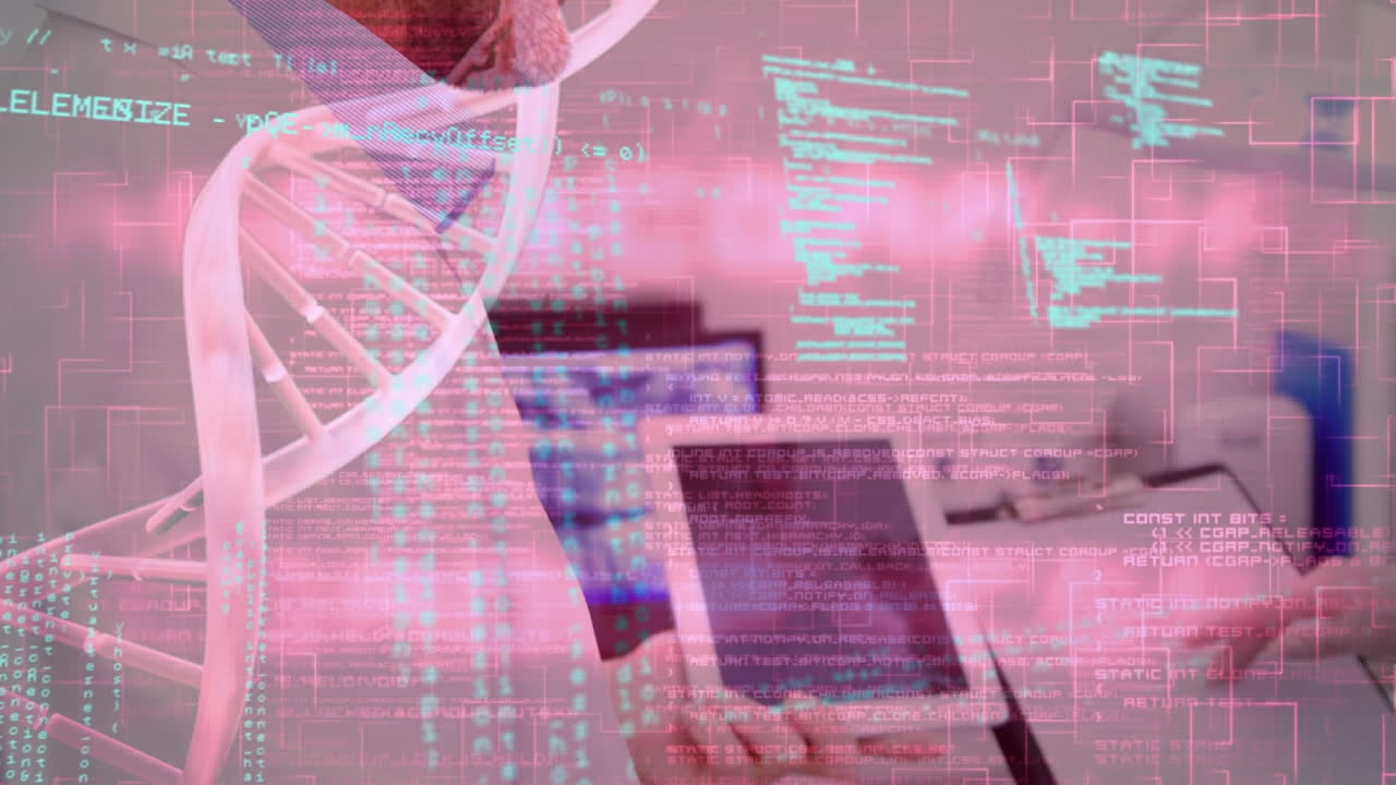 estructura de adn y procesamiento de datos contra un médico caucásico que usa una tableta digital en el hospital