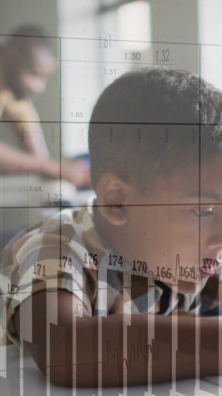 Boy leaning on table, tracking device receiving data and showing study via grid wave rising bars