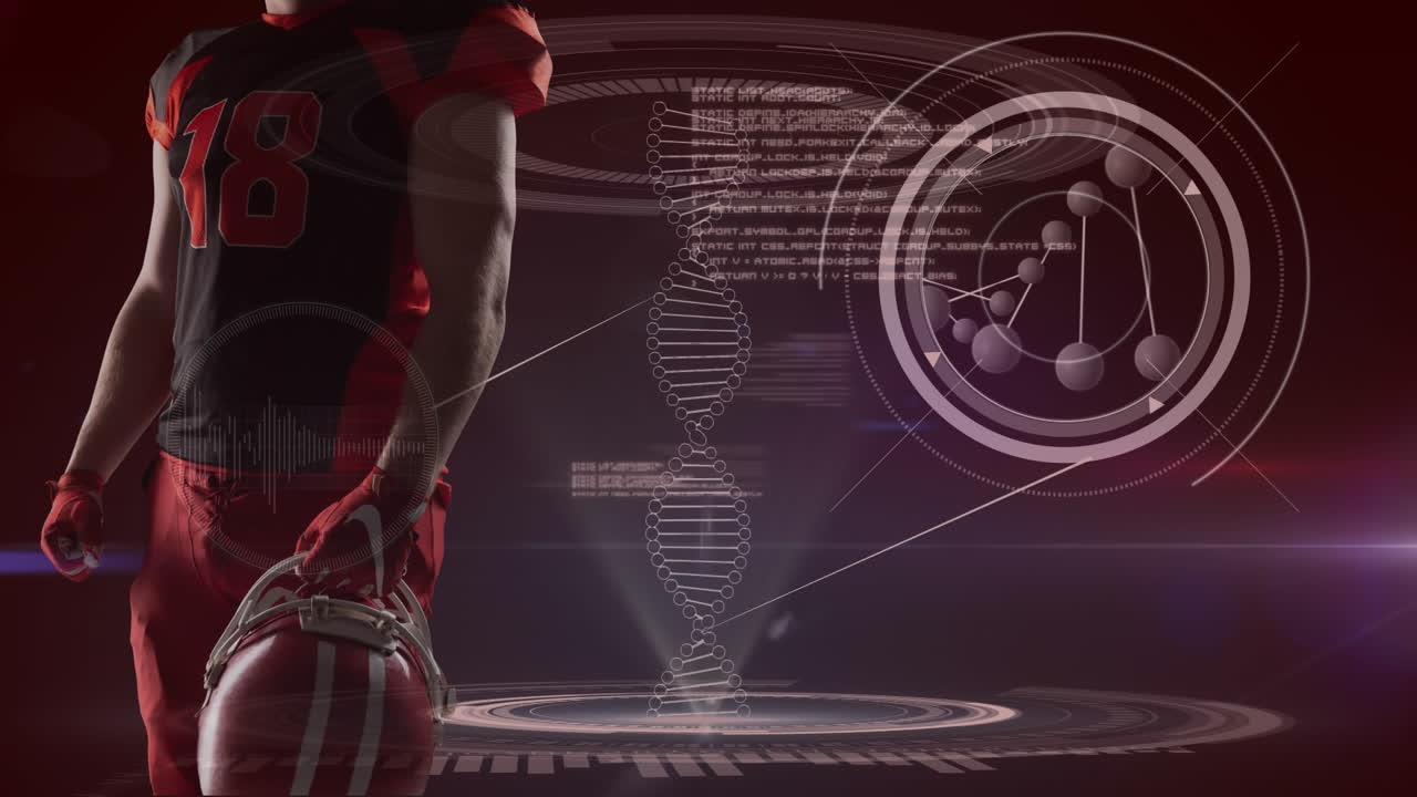 Animazione del busto di un giocatore di football americano su vari dati sullo sfondo