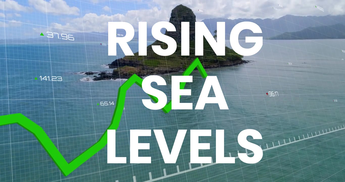 Aerial View of Tropical Island with Rising Sea Levels Data Visualization
