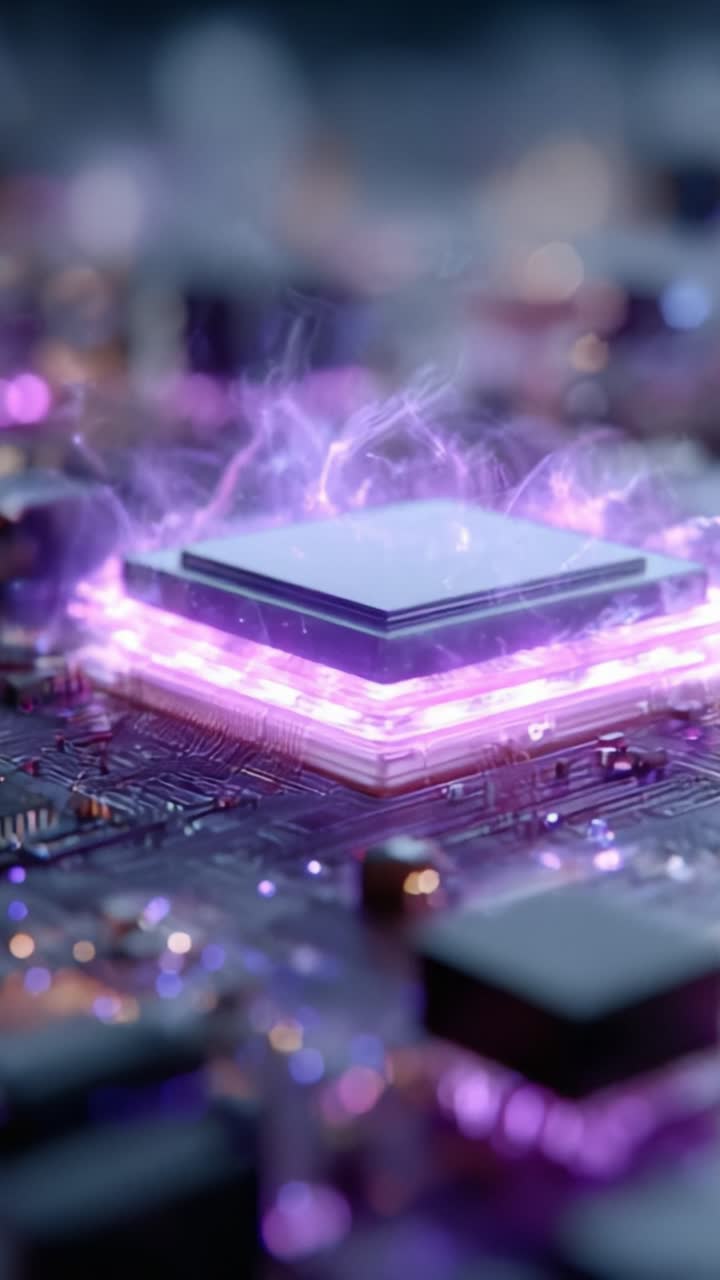 Una straordinaria dimostrazione dei progressi nel campo del quantum computing: primo piano di un microprocessore high-tech con un etereo effetto fumo viola che simboleggia la tecnologia avanzata