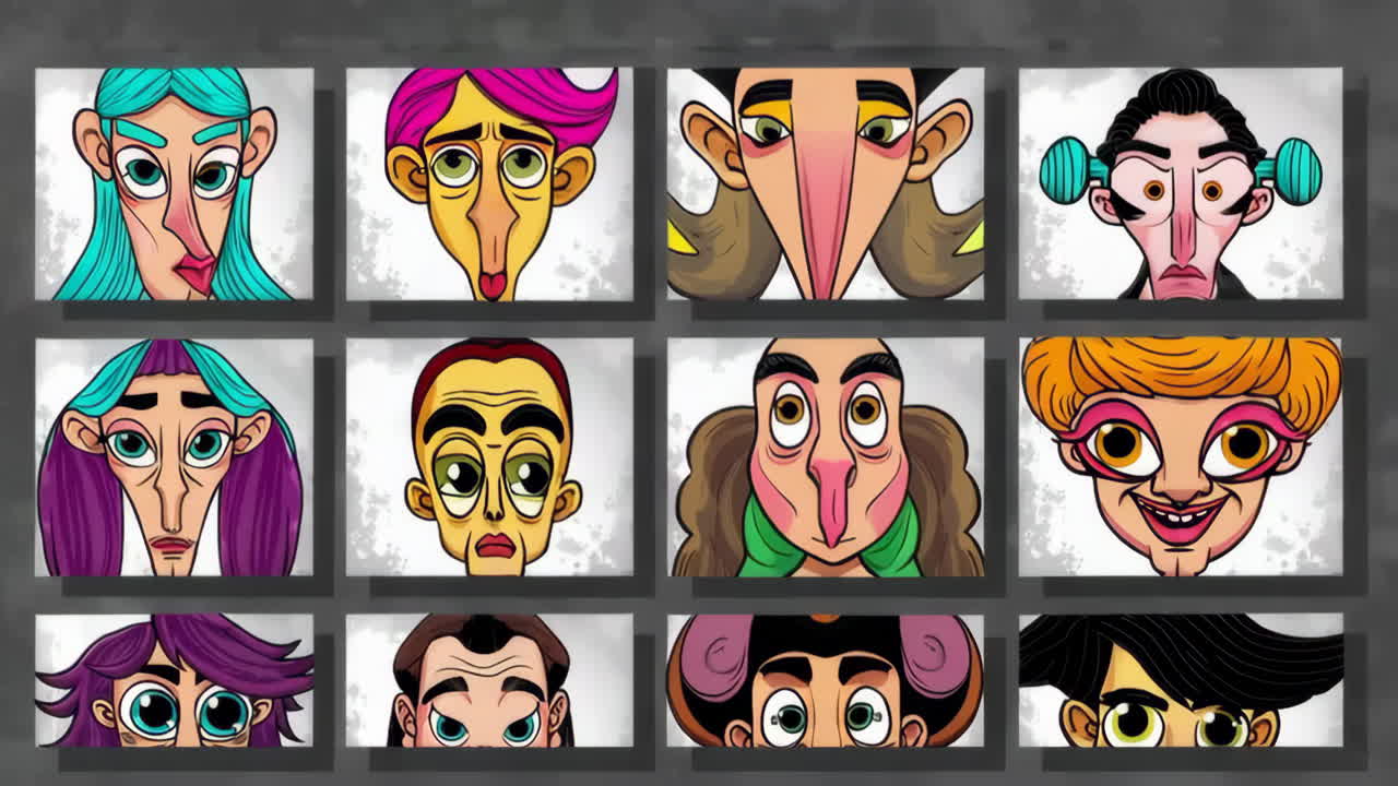 A grid of diverse, stylized cartoon faces with various expressions