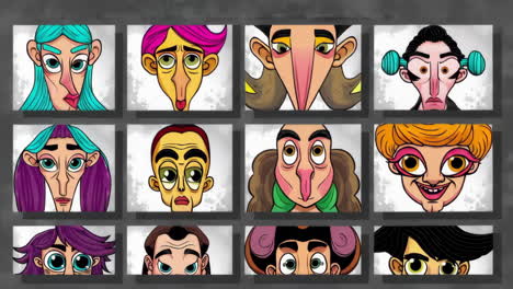 a grid of diverse, stylized cartoon faces with various expressions