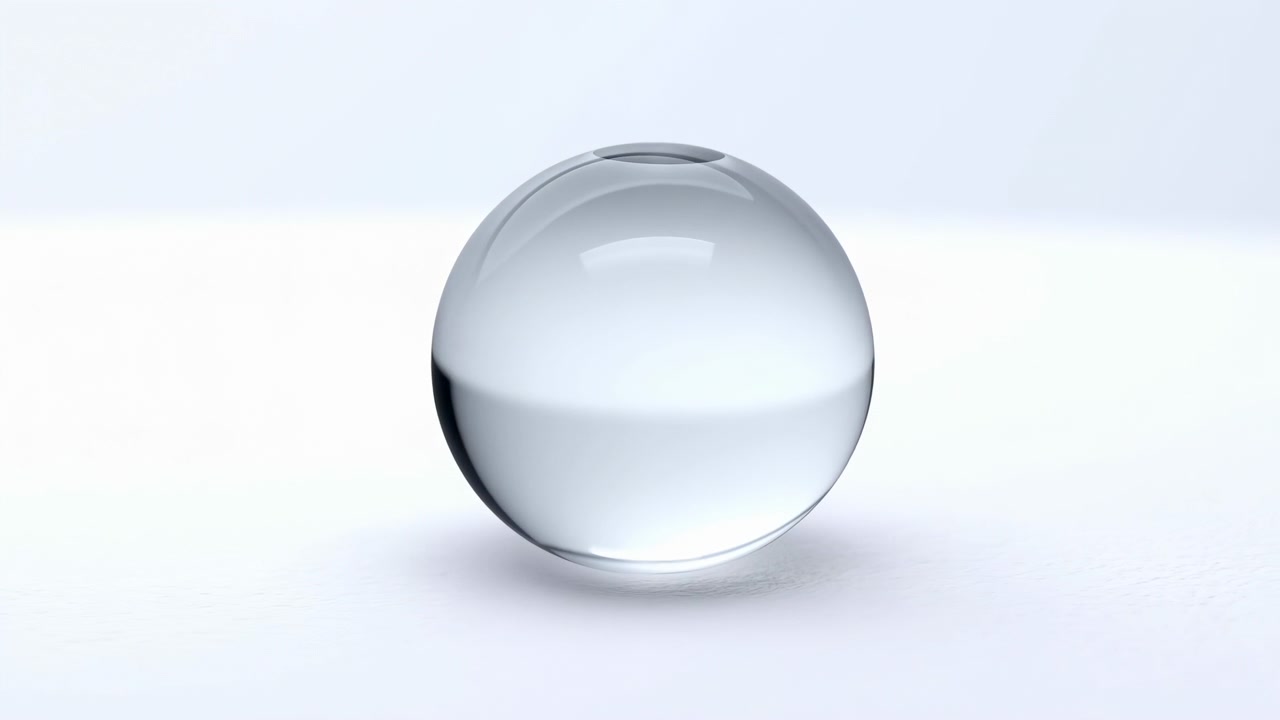 Centered clear glass sphere resting on a white surface with soft reflections, a subtle shadow, and a minimal pale blue background in a calm studio-style