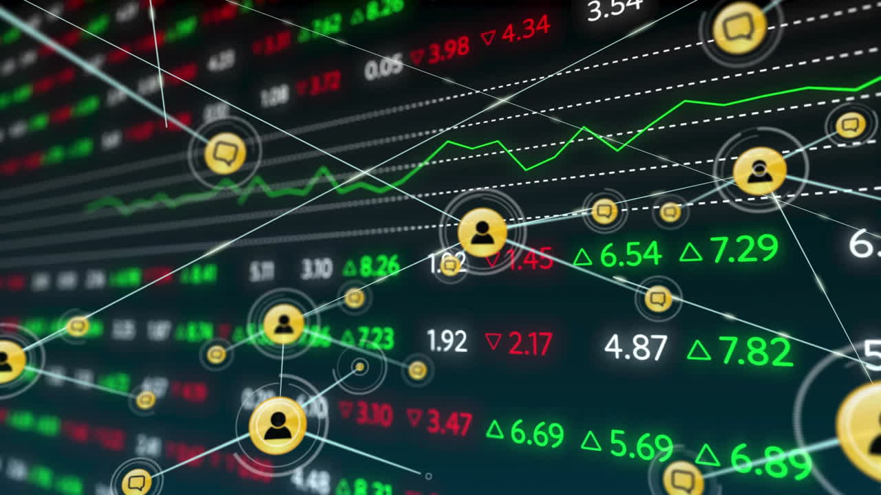 Animazione di icone multimediali su elaborazione dati e mercato azionario su sfondo nero
