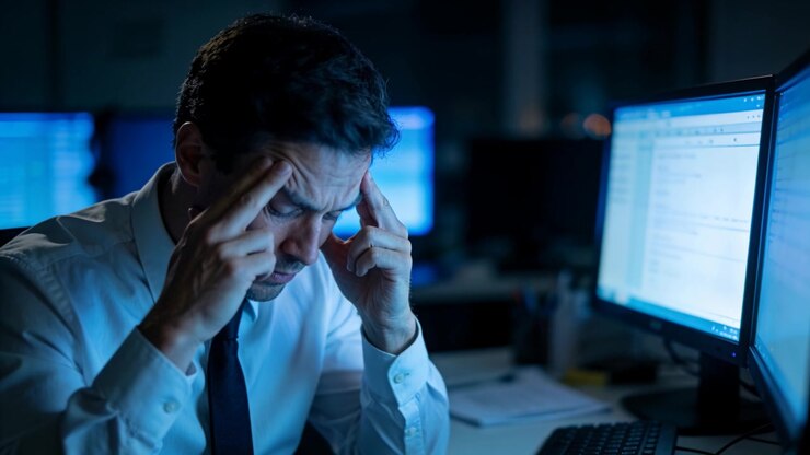 Pressing temples, man in white shirt tie reacting to right monitor glowing and refocusing at desk
