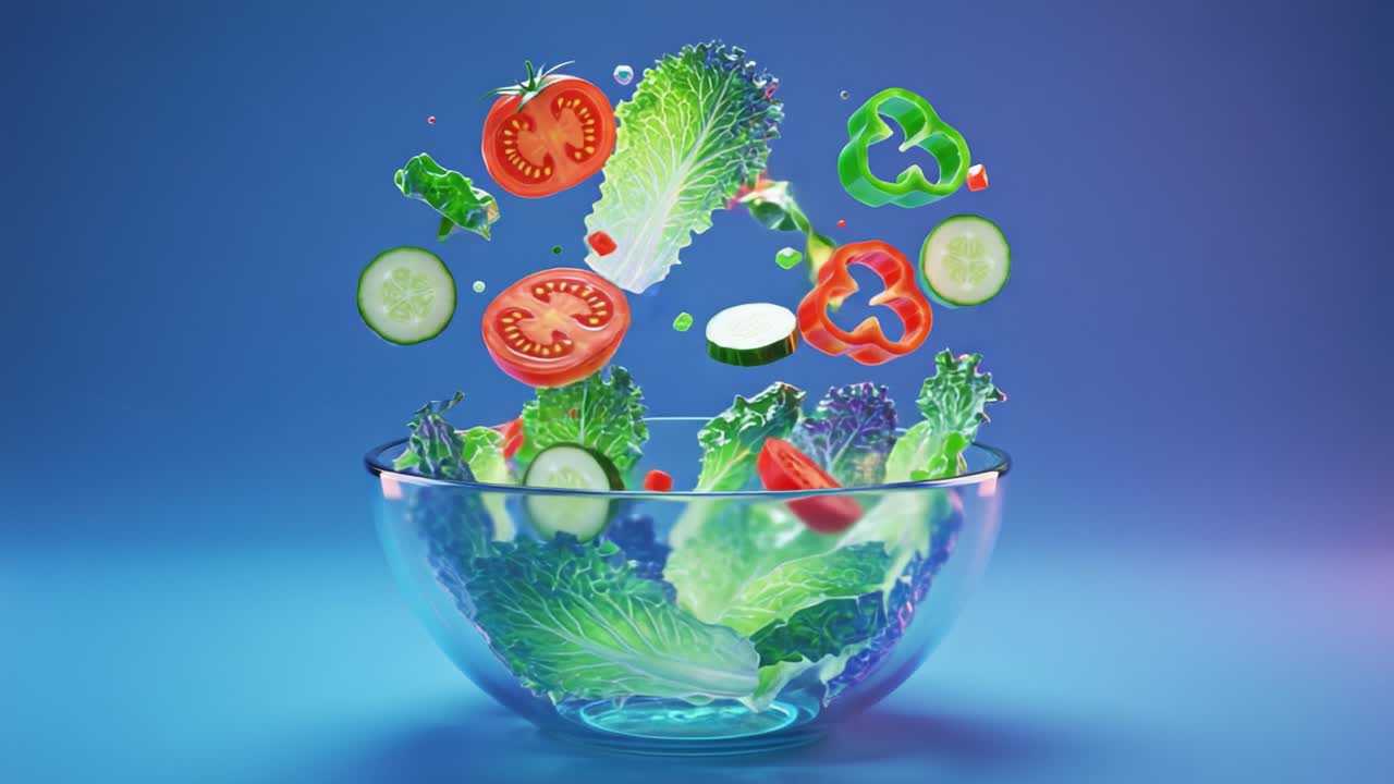 Dynamic Explosion of Fresh Vegetables: A Colorful Medley of Tomatoes, Cucumbers, and Lettuce Creating a Vibrant Salad Display in a Bowl