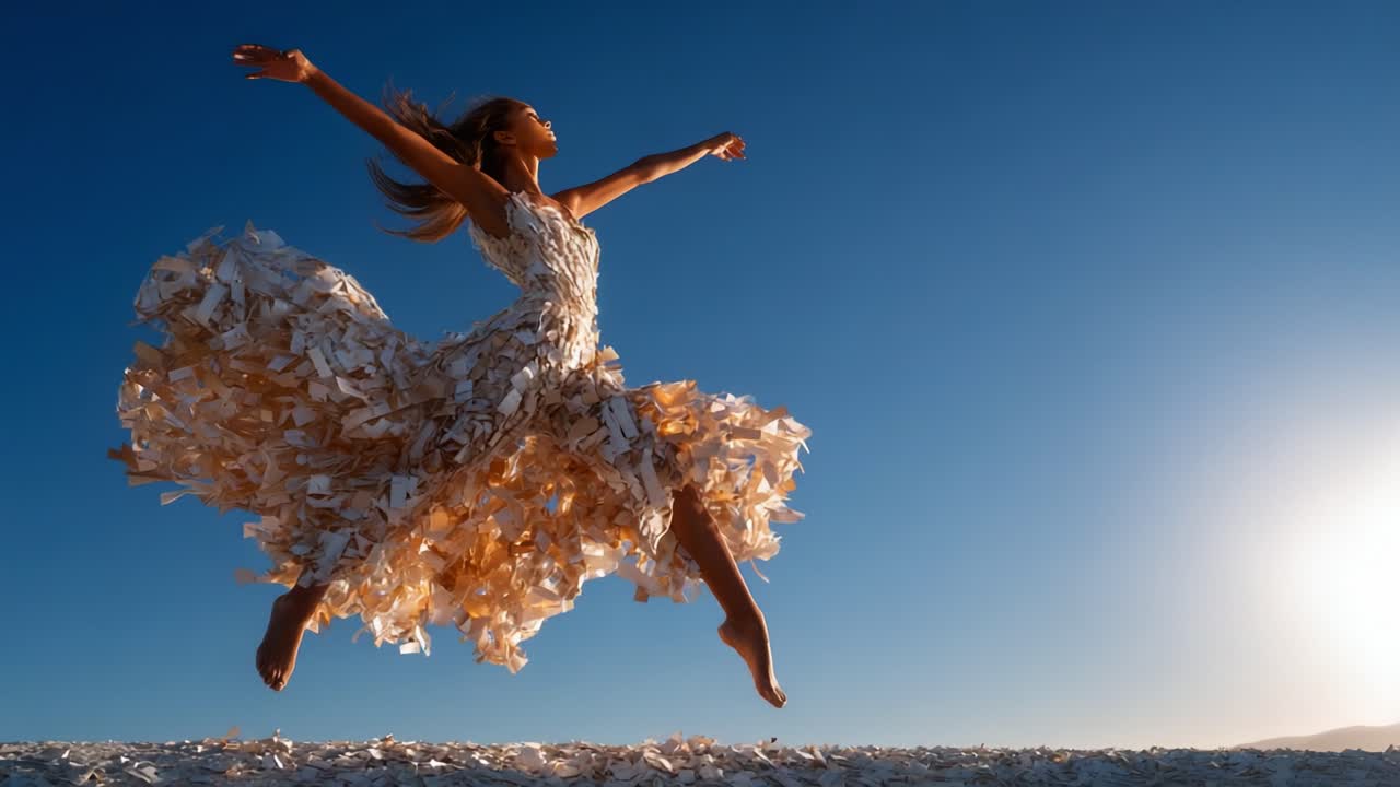 A graceful dancer in a stunning, intricately designed gown made from delicate materials leaps joyfully against a backdrop of a clear blue sky and sandy terrain, showcasing elegance and freedom