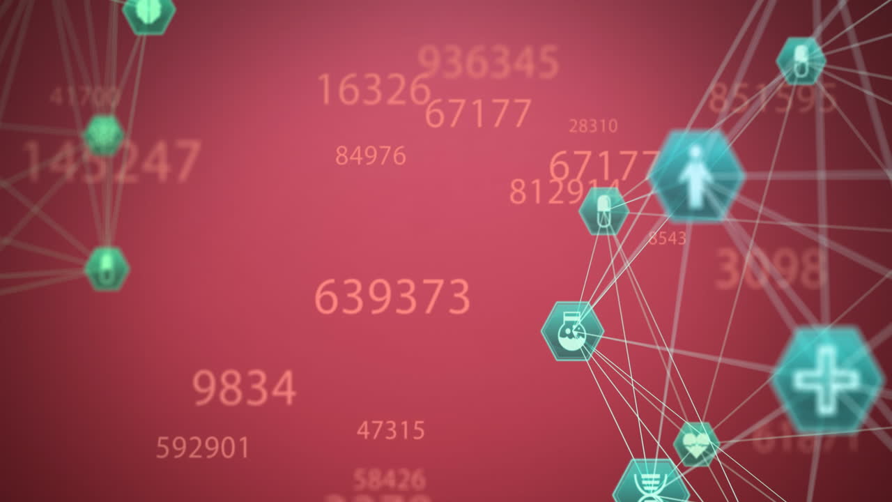 여러 번 변하는 숫자와 의료 아이콘의 글로브가 분홍색 배경에 회전하는 애니메이션