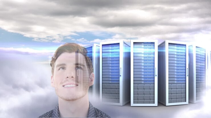 Animation of happy businessman over data processing and computer servers