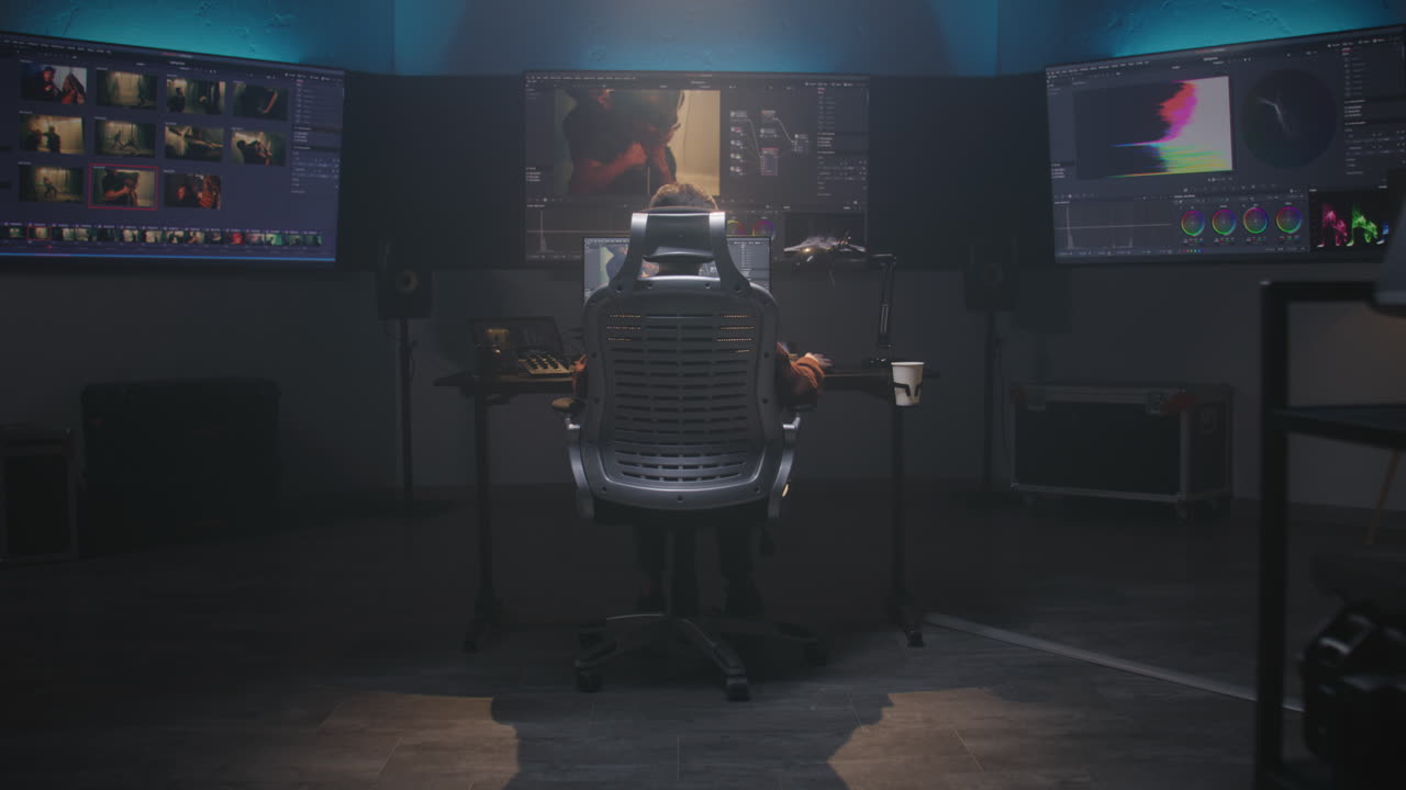 Video Editor at Work in a Dark Studio