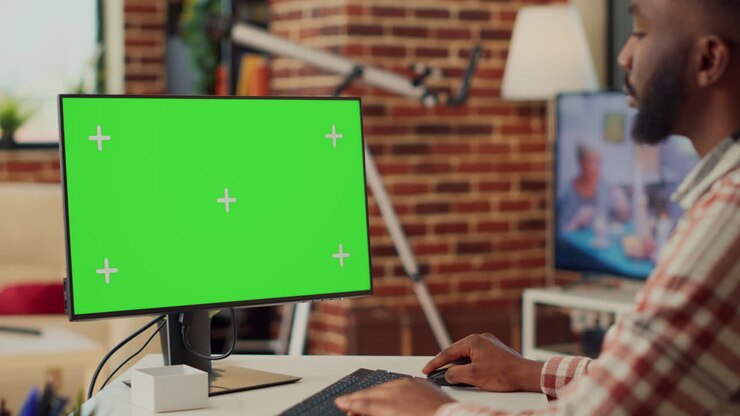 Uomo d'affari che analizza il display a schermo verde sul monitor