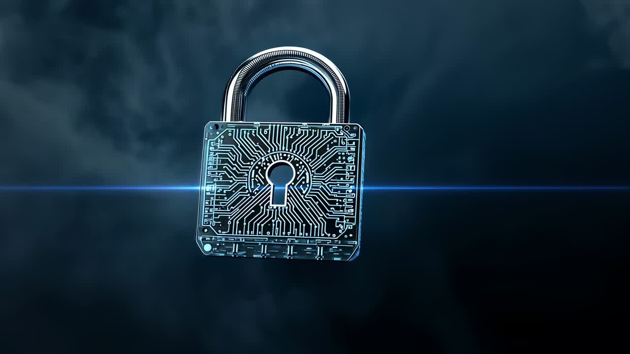 Sweeping blue beam passing behind circuit padlock in backdrop initiating pulsing rotating