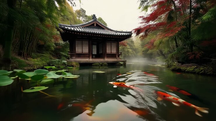 Koi che scivolano nuotando vicino alla camera in un giardino, guidando la vista verso un padiglione di legno con una leggera nebbiolina