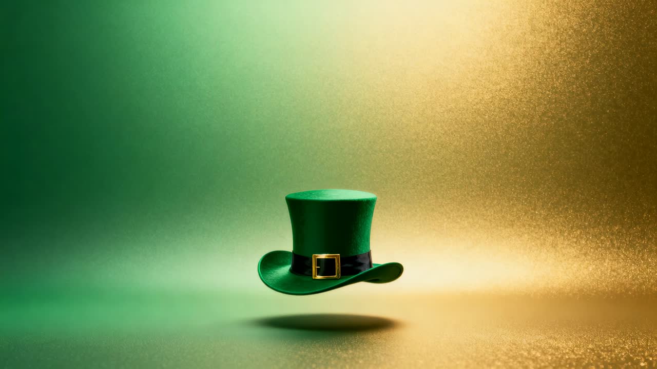 Playback starting, green top hat oscillating above studio backdrop, showing shadow and gold buckle