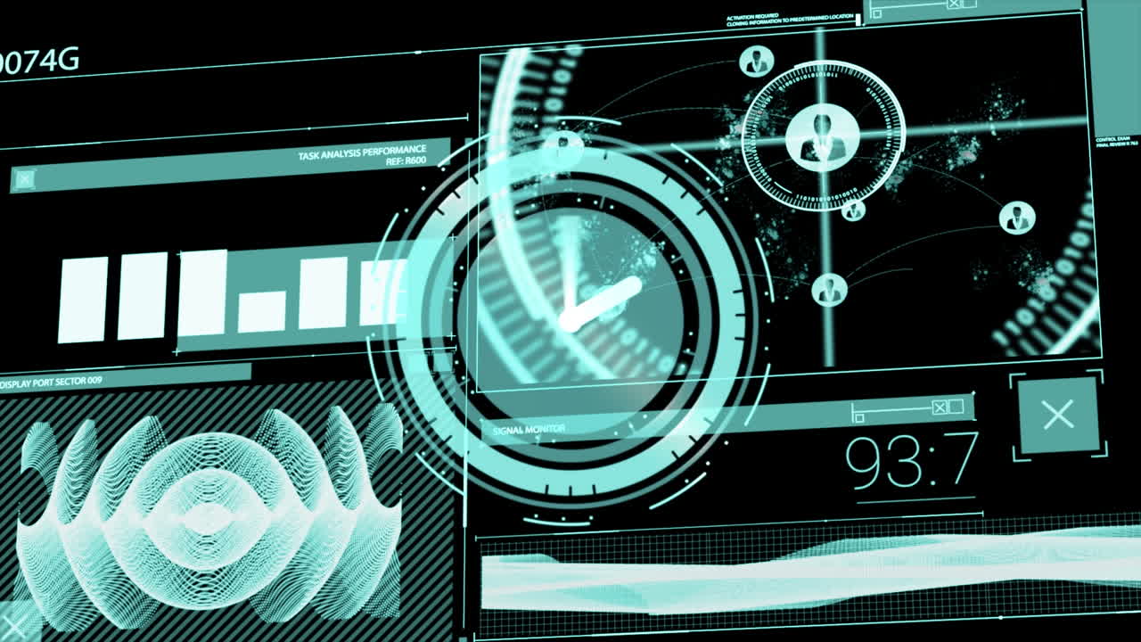 검은 바탕에 대한 범위 스캔과 데이터 처리의 애니메이션