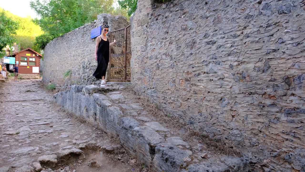 tourist, girl, walking, abandoned village, exploration, adventure, travel, kayak&ouml;y in turkey fethiye