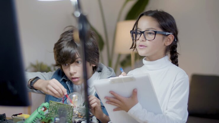 Two smart children doing school project in engineering