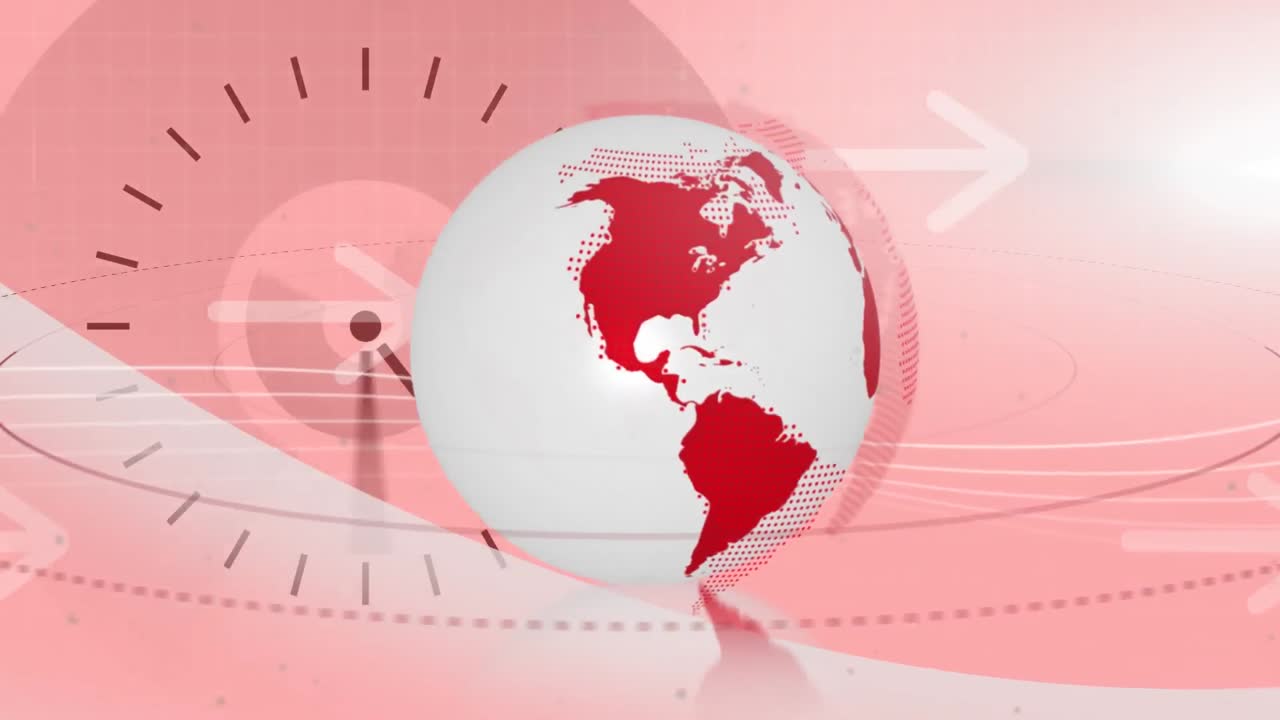 빨리 움직이는 시계,  ⁇  화살표,  ⁇ 색과 빨간색의 지구가 회전하는 애니메이션