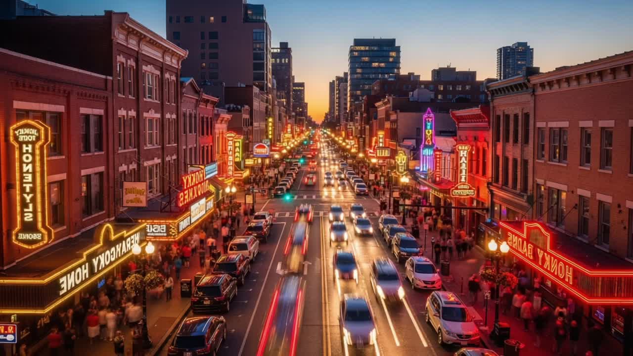 A Vibrant Night Scene of a Bustling City Street Filled with Colorful Neon Lights, Crowds, and Vehicles, Showcasing the Excitement of Urban Life After Sunset
