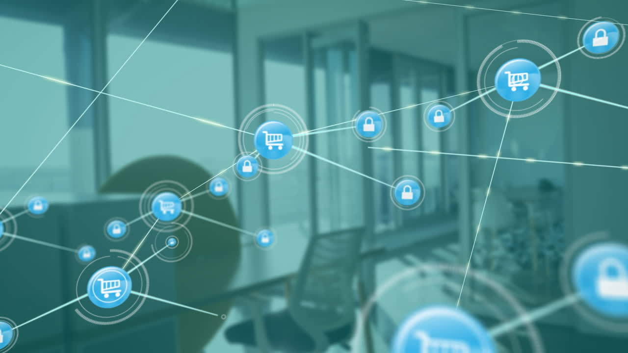 Animation of shopping cart and lock icons over office environment in school