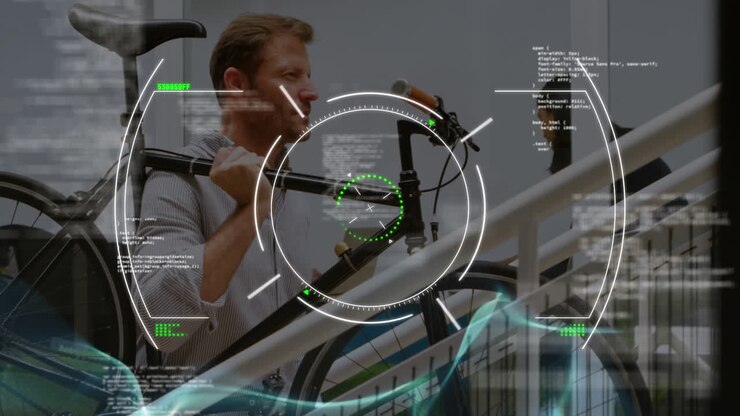 Animation of financial data processing over carrying bicycle