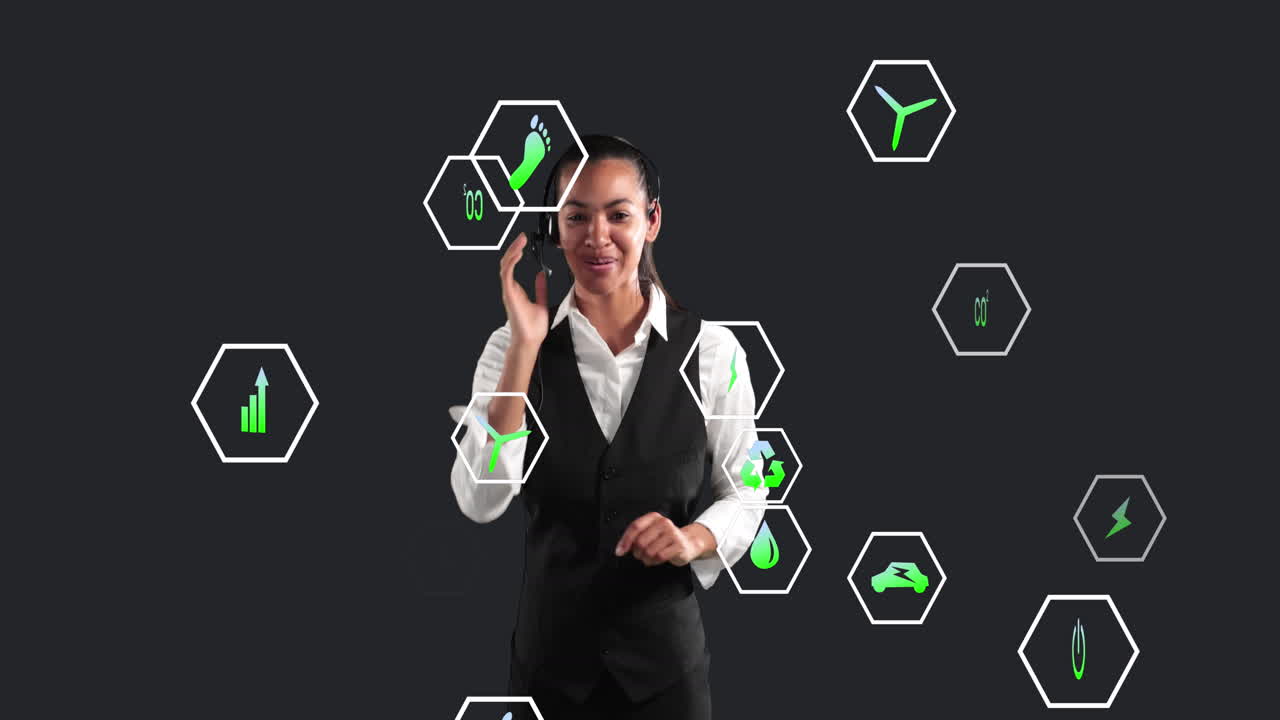 animación de múltiples iconos digitales sobre una mujer de negocios biracial hablando con auriculares telefónicos
