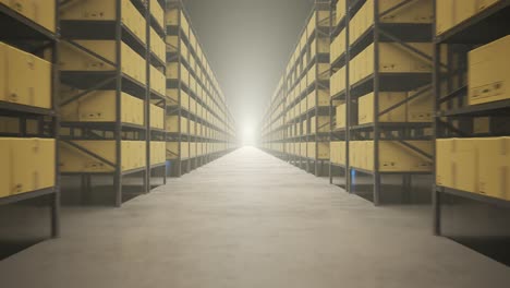 animation with warehouse industry autonomic robots carrying a shelves with cardboard boxes. fully automatic unmanned system of cargo distribution. computer coordinated efficient logistic process. 4k.