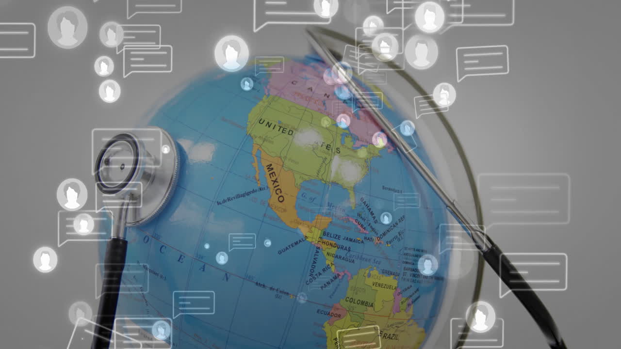 estetoscopio en el globo con animación de comunicación de redes sociales sobre él