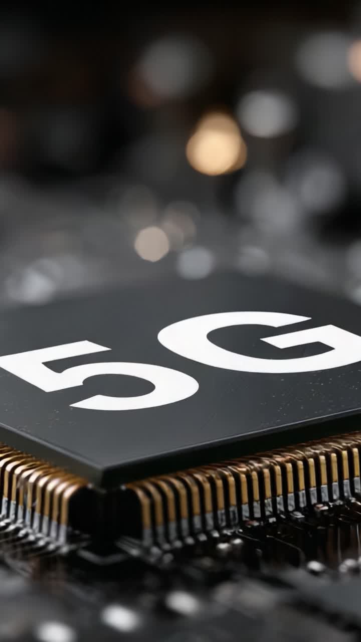 Primo piano di un microchip 5G che mette in evidenza i progressi tecnologici nella comunicazione e connettività per velocità Internet più elevate ed esperienze mobili migliorate